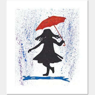 Playing in the Rain Watercolor Painting of Silhouette of Young Girl with Red Umbrella Posters and Art